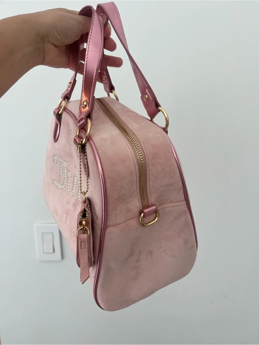Juicy Couture Pink Suede & Metallic Pink Rhinestone Logo Satchel